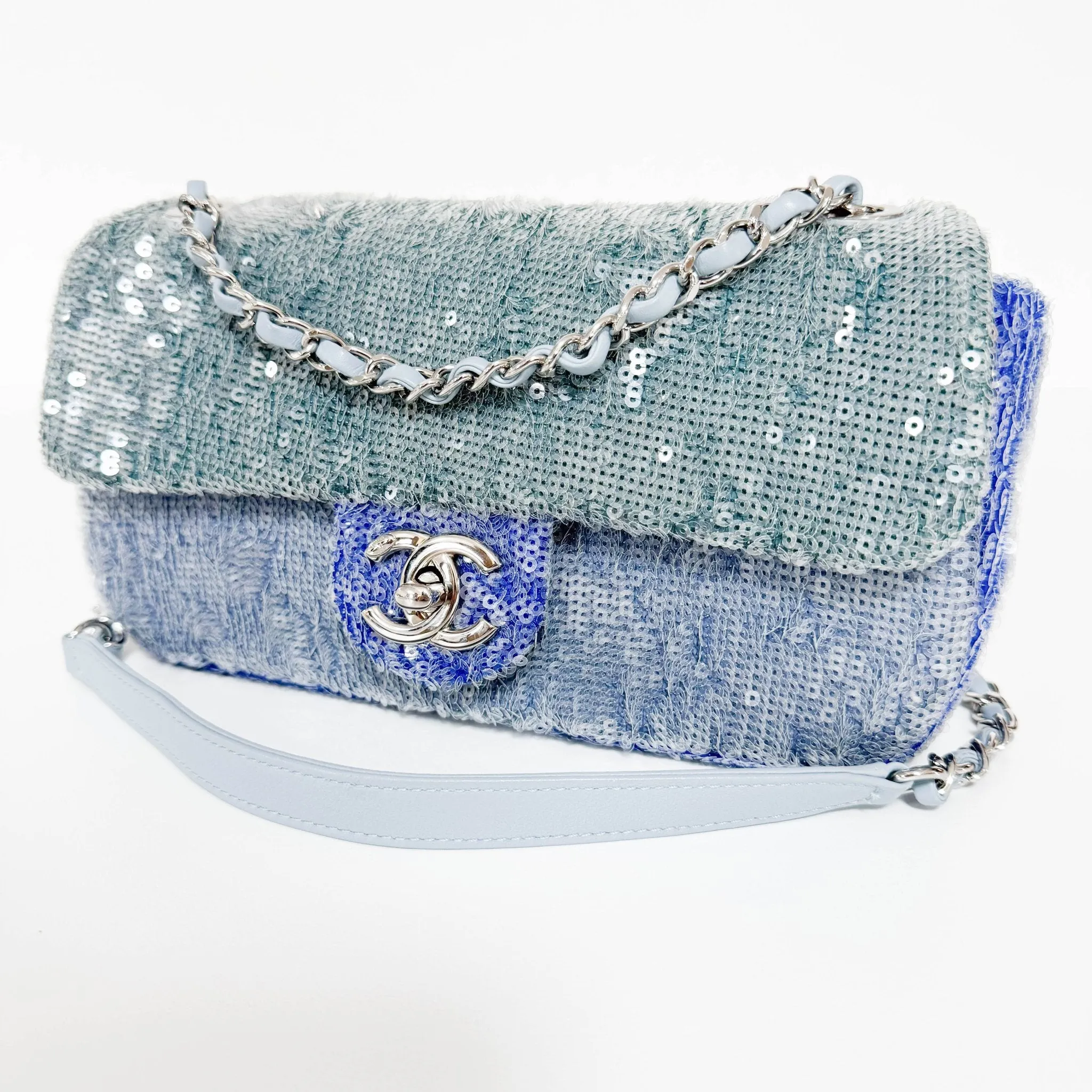 CC Flap Waterfall Sequin Blue Double Chain Shoulder Bag