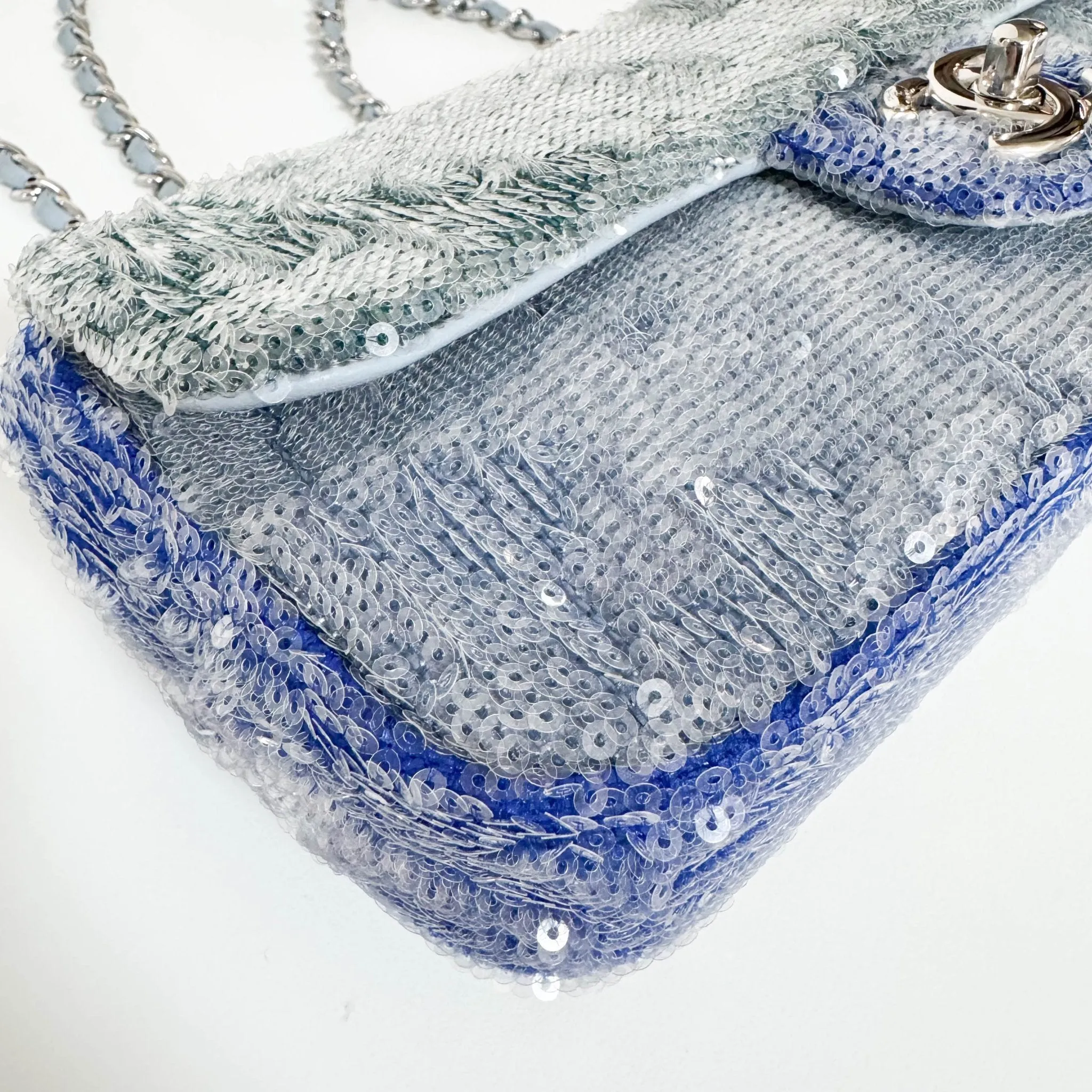 CC Flap Waterfall Sequin Blue Double Chain Shoulder Bag