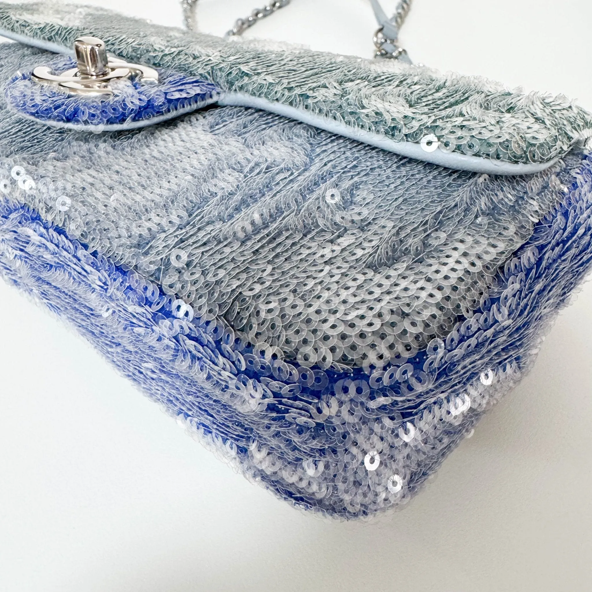 CC Flap Waterfall Sequin Blue Double Chain Shoulder Bag