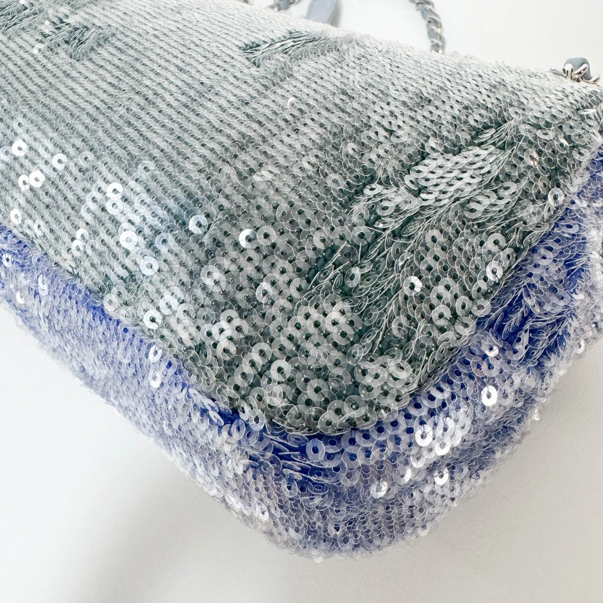 CC Flap Waterfall Sequin Blue Double Chain Shoulder Bag