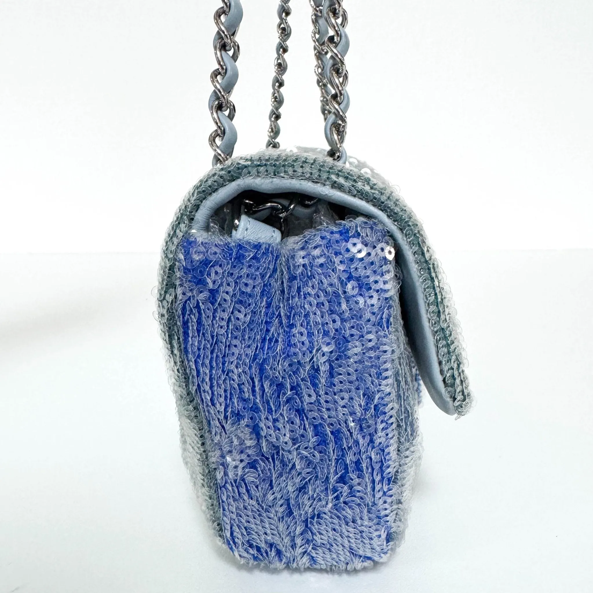 CC Flap Waterfall Sequin Blue Double Chain Shoulder Bag
