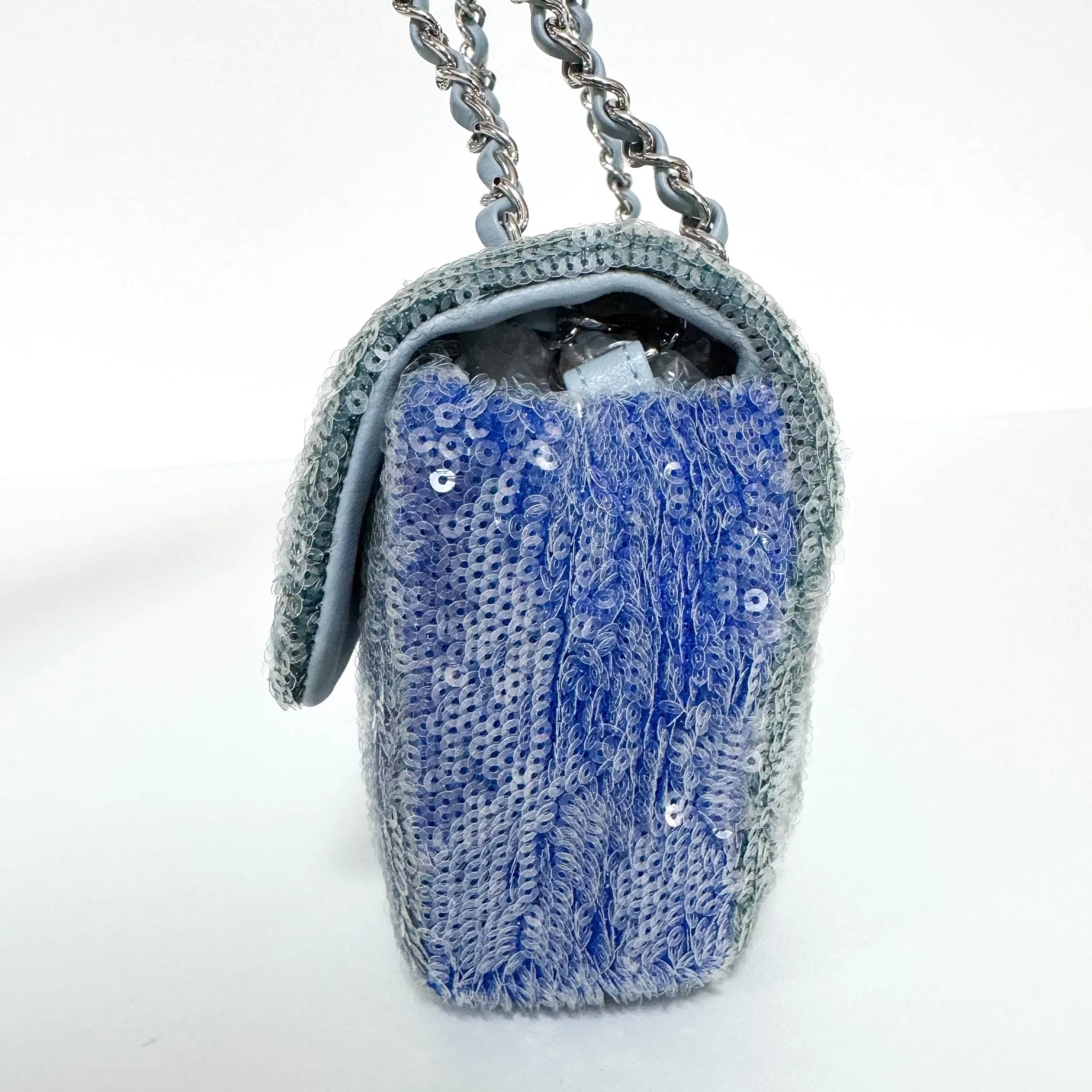 CC Flap Waterfall Sequin Blue Double Chain Shoulder Bag