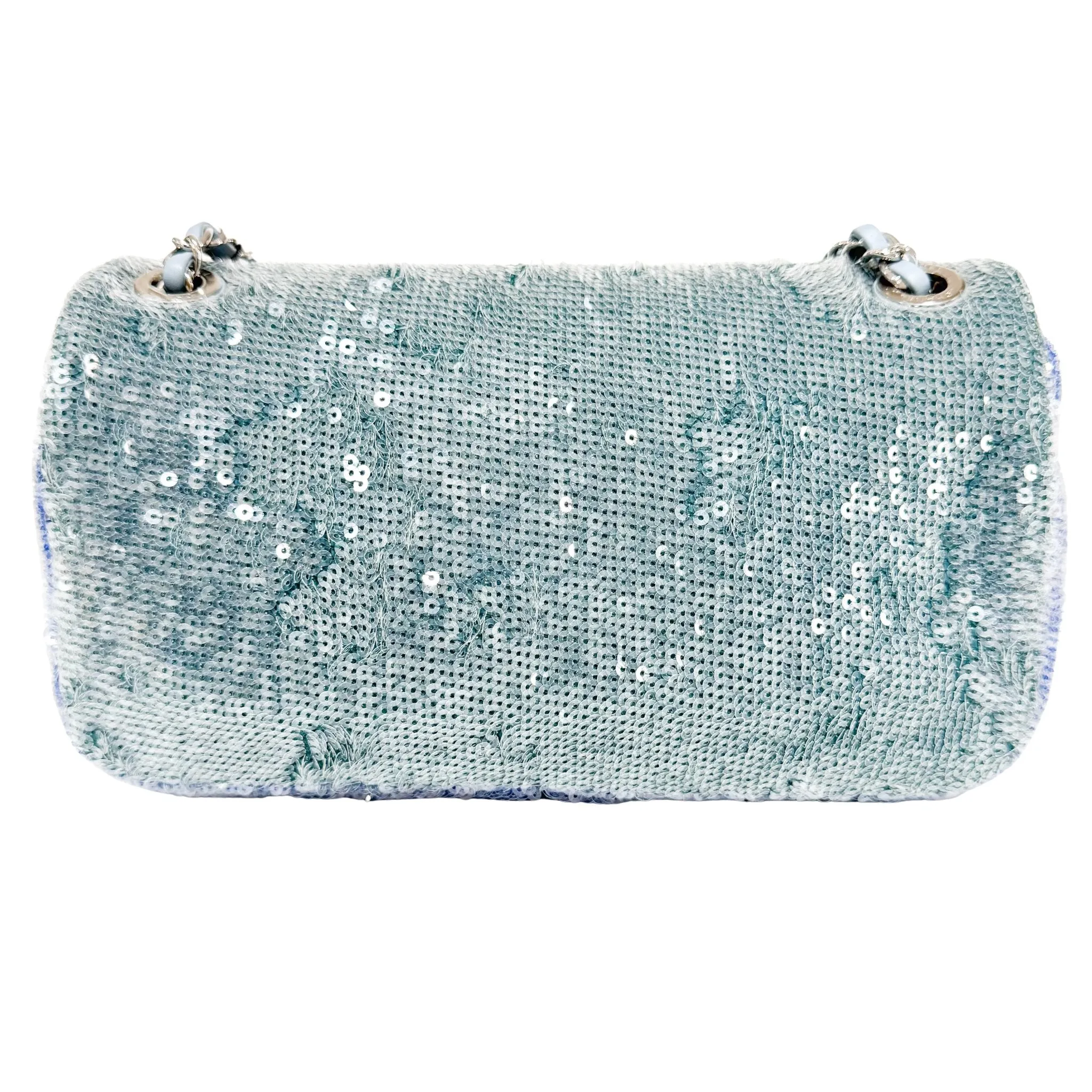 CC Flap Waterfall Sequin Blue Double Chain Shoulder Bag