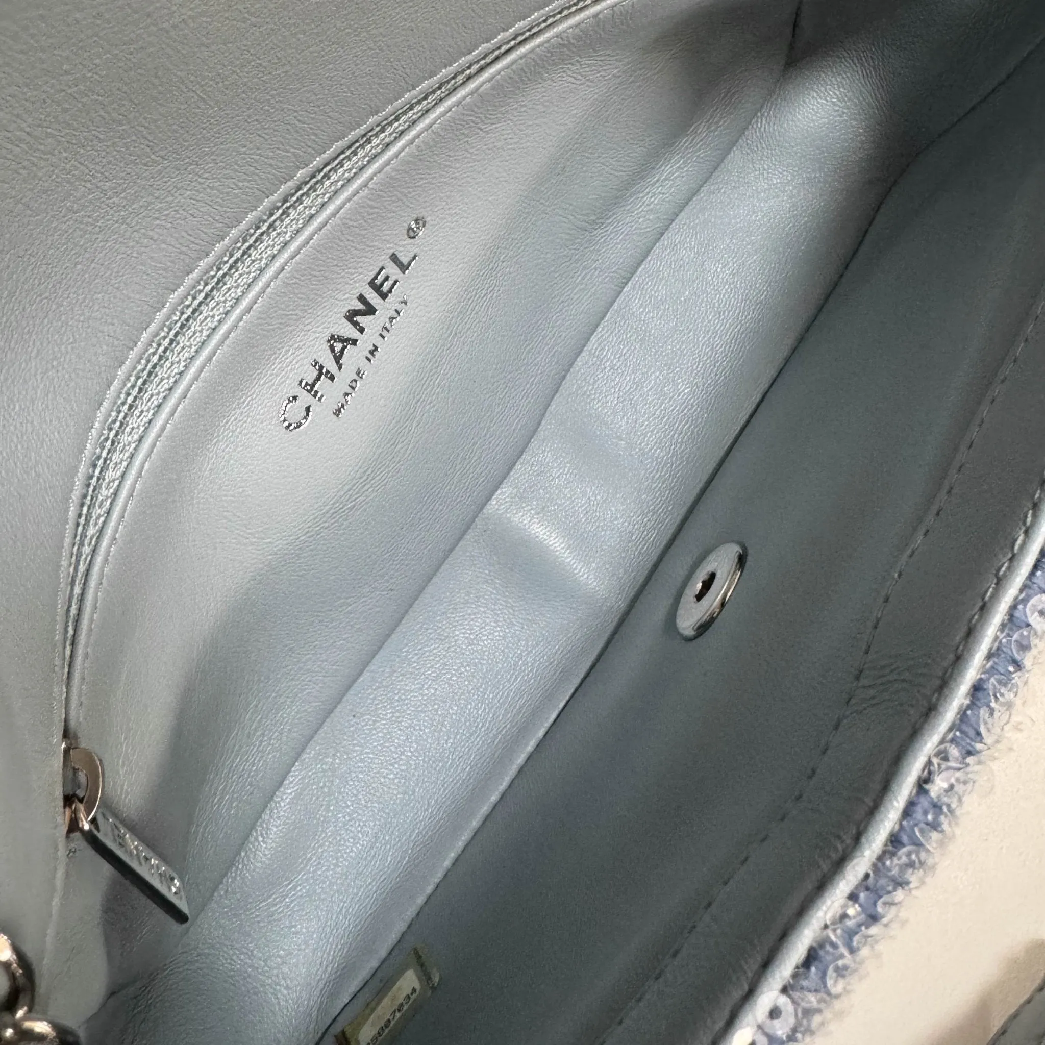 CC Flap Waterfall Sequin Blue Double Chain Shoulder Bag
