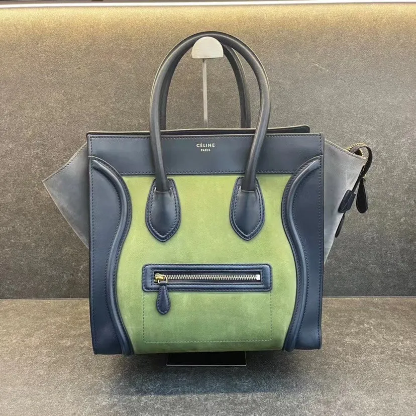 Celine Luggage Bag Green Navy Leather Medium Size
