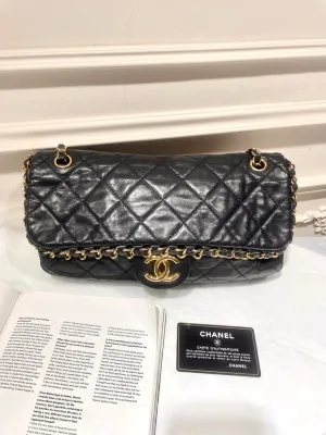 Chanel Vintage Black Gold Oil Wax Rolled Edge CF Shoulder Bag with Card