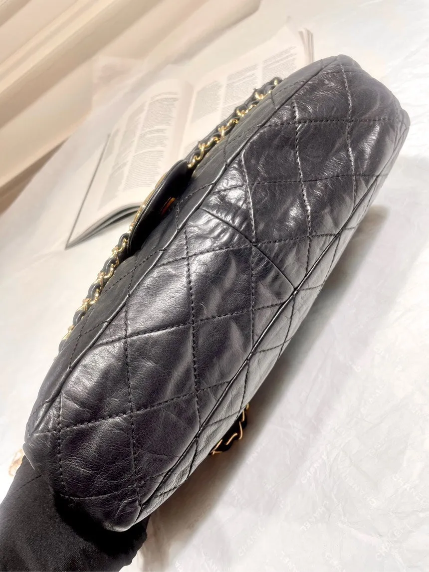 Chanel Vintage Black Gold Oil Wax Rolled Edge CF Shoulder Bag with Card