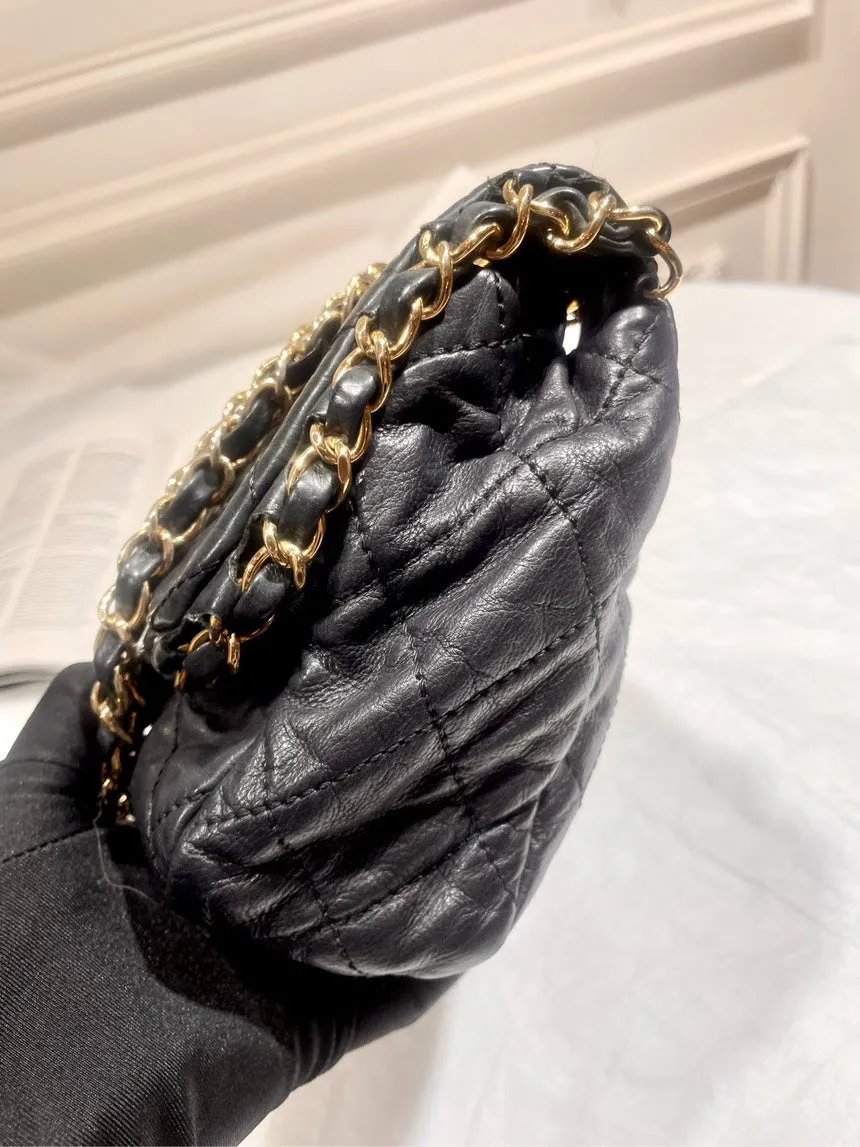Chanel Vintage Black Gold Oil Wax Rolled Edge CF Shoulder Bag with Card