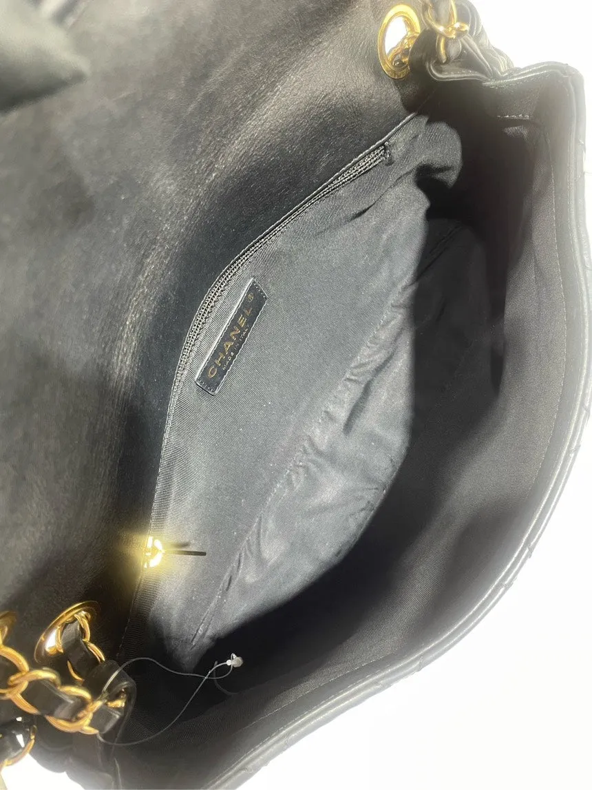 Chanel Vintage Black Gold Oil Wax Rolled Edge CF Shoulder Bag with Card