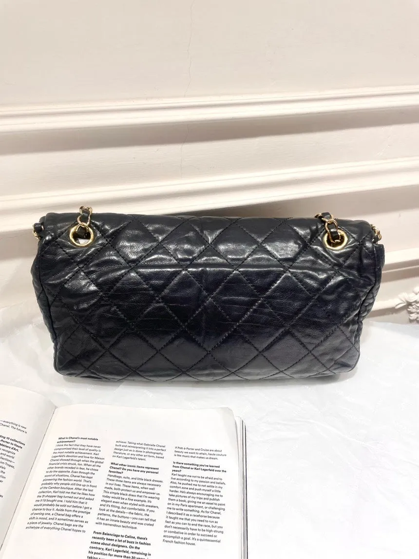 Chanel Vintage Black Gold Oil Wax Rolled Edge CF Shoulder Bag with Card