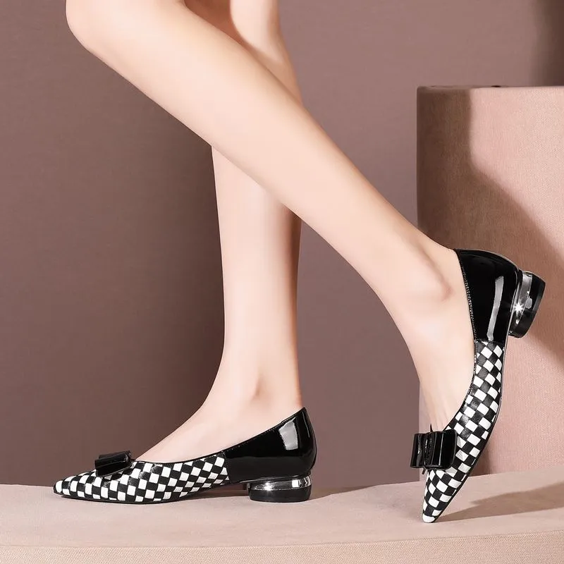 classic plaid pattern genuine leather high heels comfortable low-heeled office women heels pointed toe high heel shoes