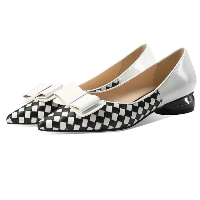 classic plaid pattern genuine leather high heels comfortable low-heeled office women heels pointed toe high heel shoes