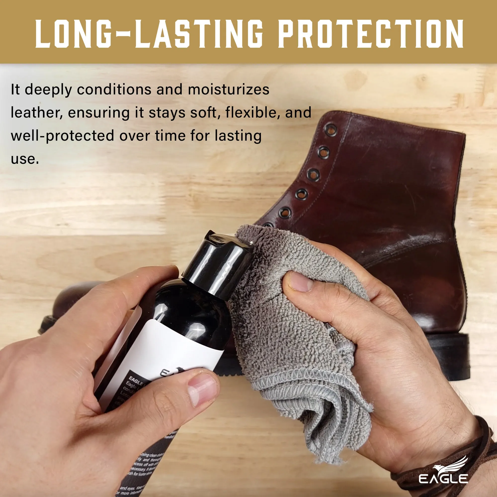 Eagle Leather Lotion with Cloth – 8.5oz Leather Conditioner for Purses, Jackets, Bags, and More – The Best Leather Care Product for Moisturizing, Rejuvenating, and Treating Aniline Leather