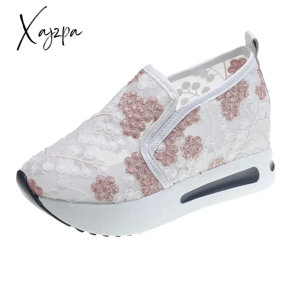 Female Wedge Shoes Sequin Mesh Breathable Shoes Women White Gold Platform Sneakers Women Height Increasing Wedges Shoes Casual