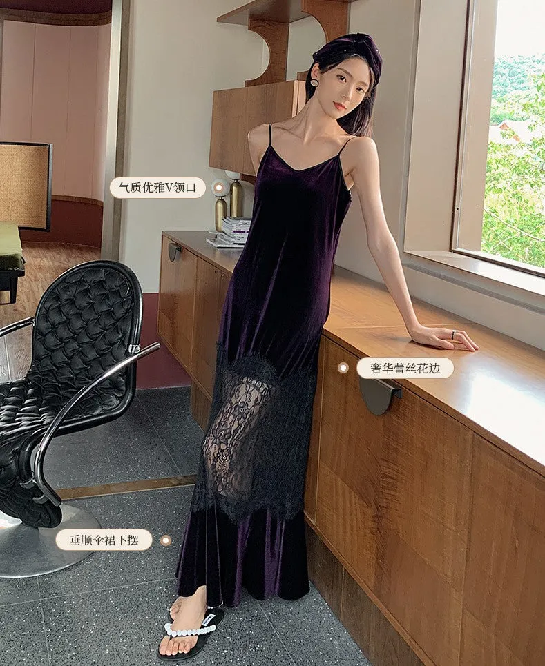 Full Length Velvet Slip Dress Sleepwear Pyjamas with See-through Lace Hemline