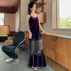 Full Length Velvet Slip Dress Sleepwear Pyjamas with See-through Lace Hemline