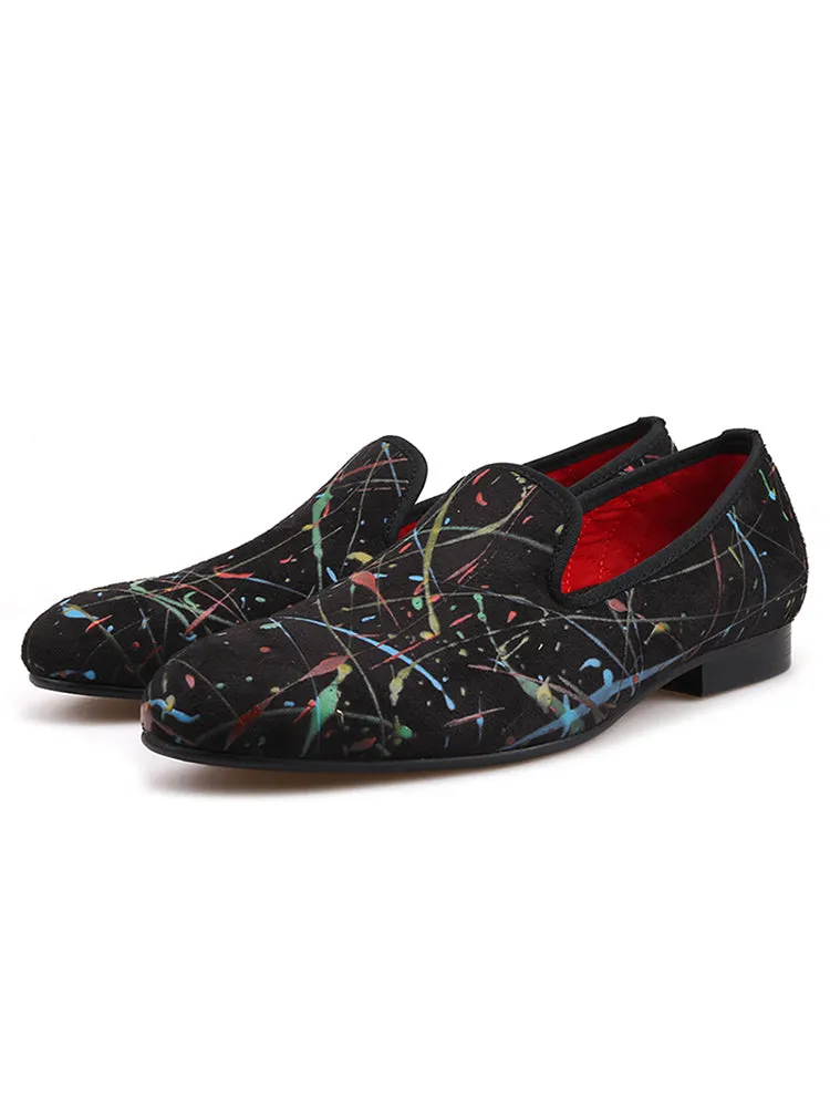 Hand-painted graffiti oil painting men's velvet shoes old Beijing retro shoes European and American style fashion painted loafers smoking shoes
