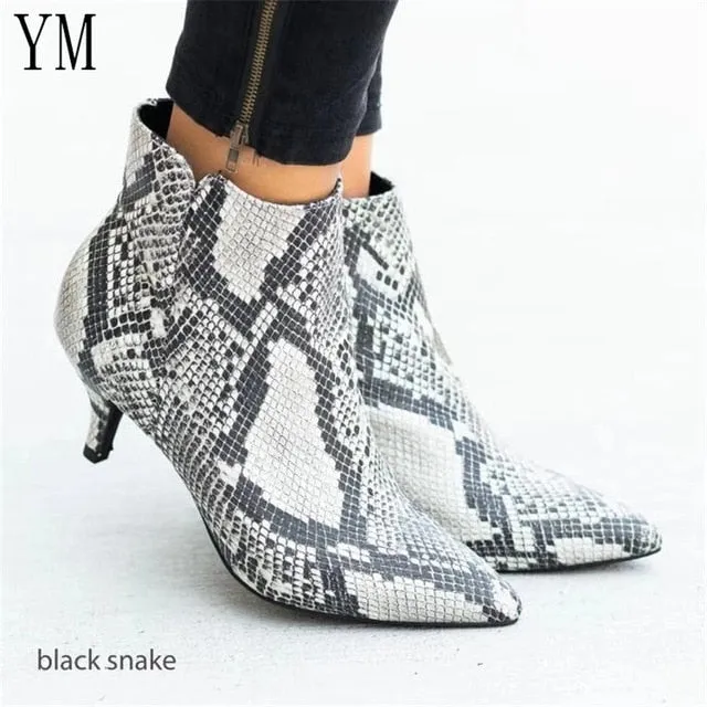 Hot Women's Ankle Boots Snake Leopard Pointed Toe Ladies Chunky Thin High heel Side zipper Female Shoes Woman Footwear Plus35-43