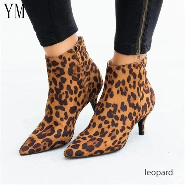 Hot Women's Ankle Boots Snake Leopard Pointed Toe Ladies Chunky Thin High heel Side zipper Female Shoes Woman Footwear Plus35-43