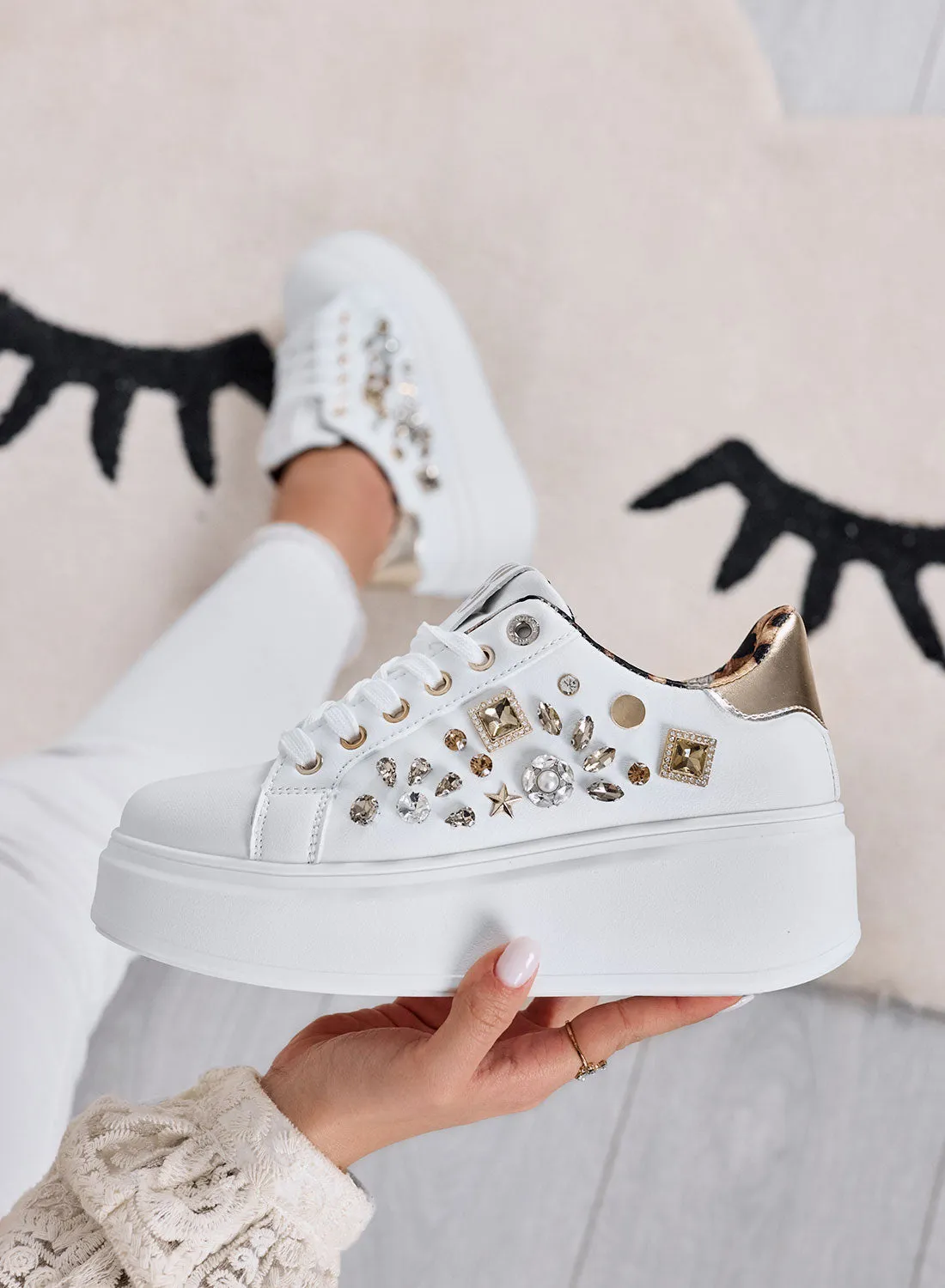 KELLY - White sneakers with wedge and gold jewel applications