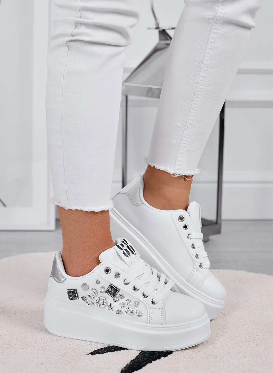 KELLY - White sneakers with wedge and silver jewel applications