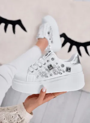 KELLY - White sneakers with wedge and silver jewel applications