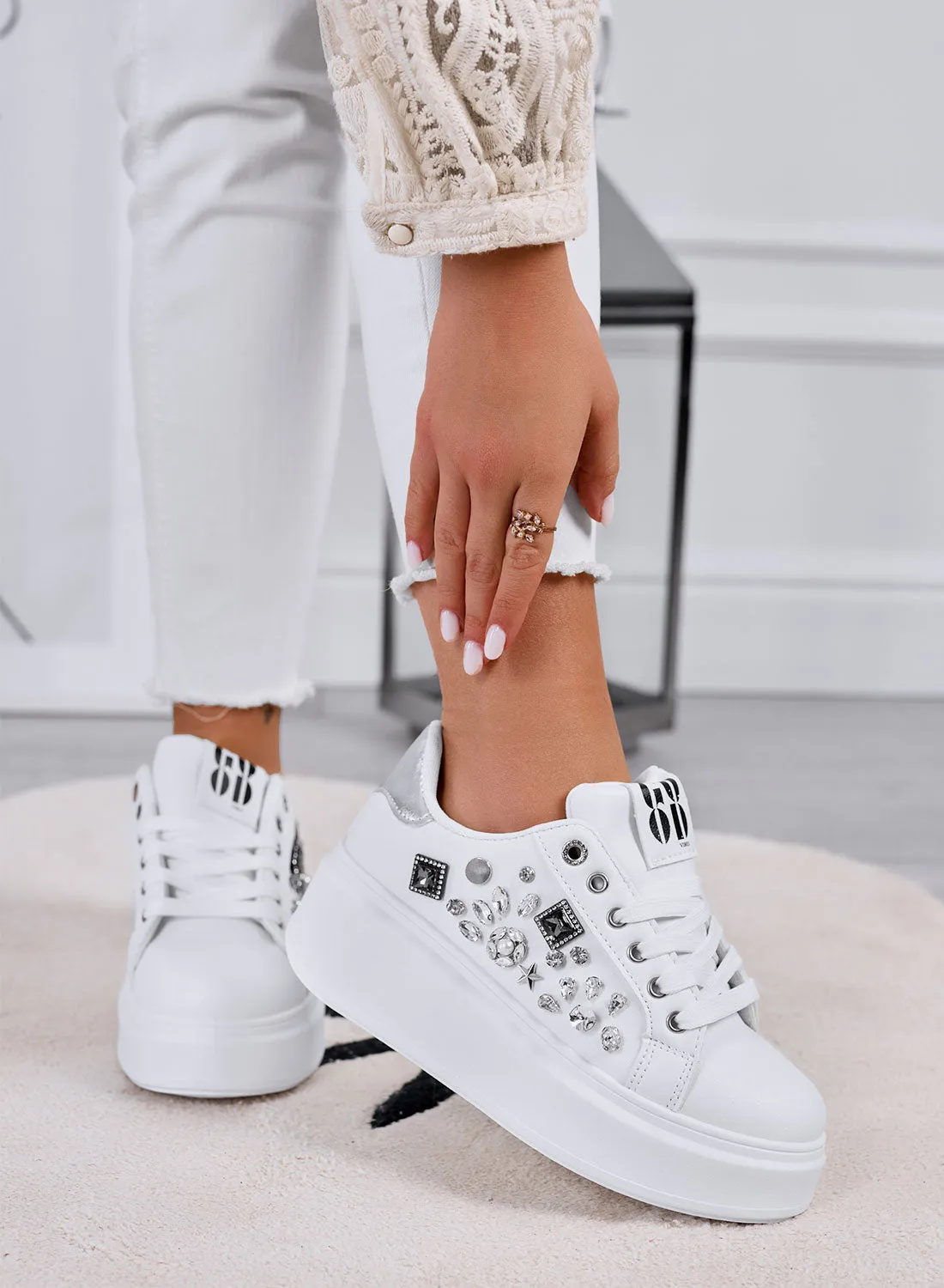 KELLY - White sneakers with wedge and silver jewel applications