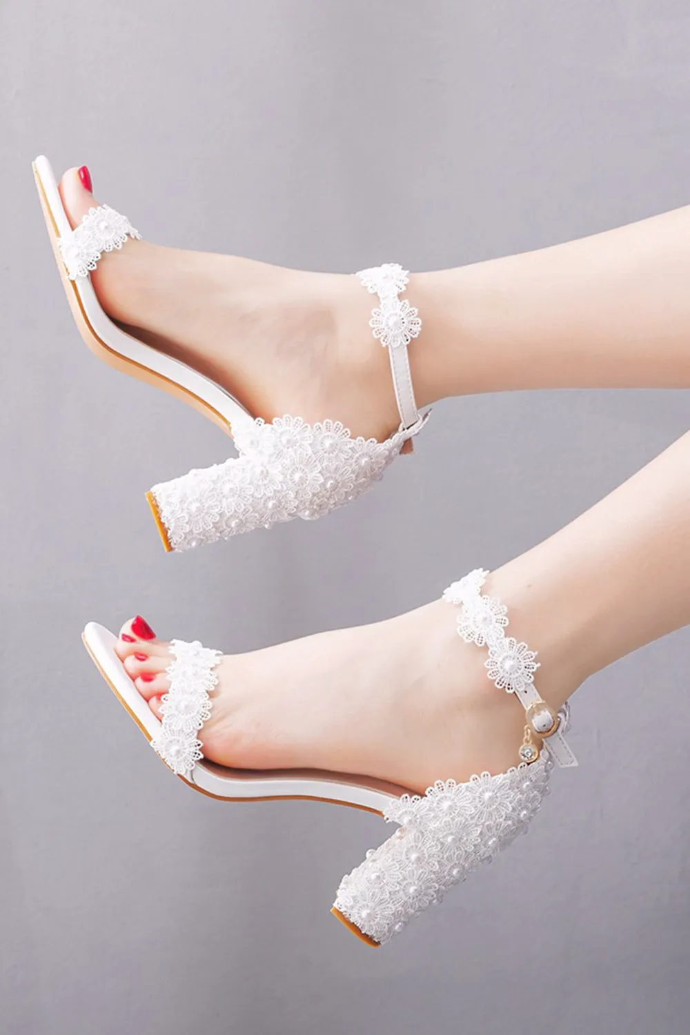 Leather Block Heel Imitation Pearl Lace Wedding Shoes