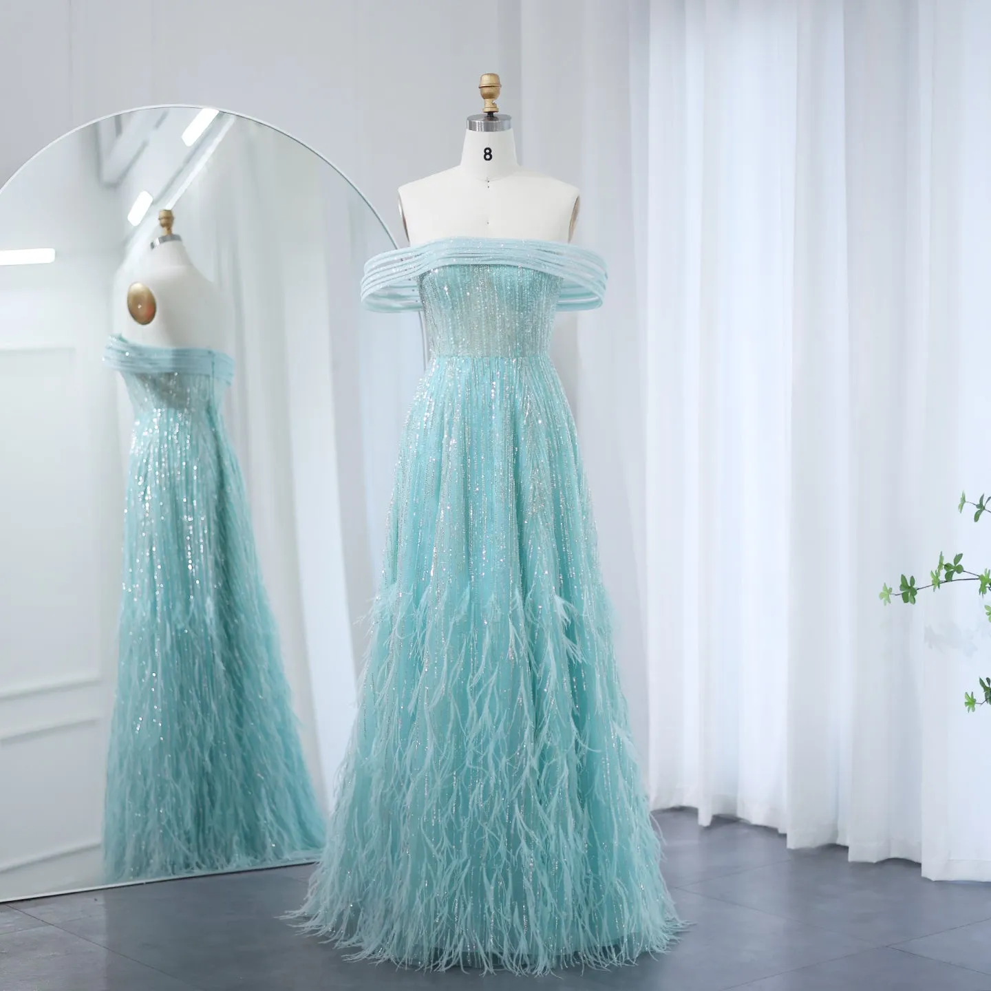 Luxury Feathers Aqua Off Shoulder Evening Dress SS435
