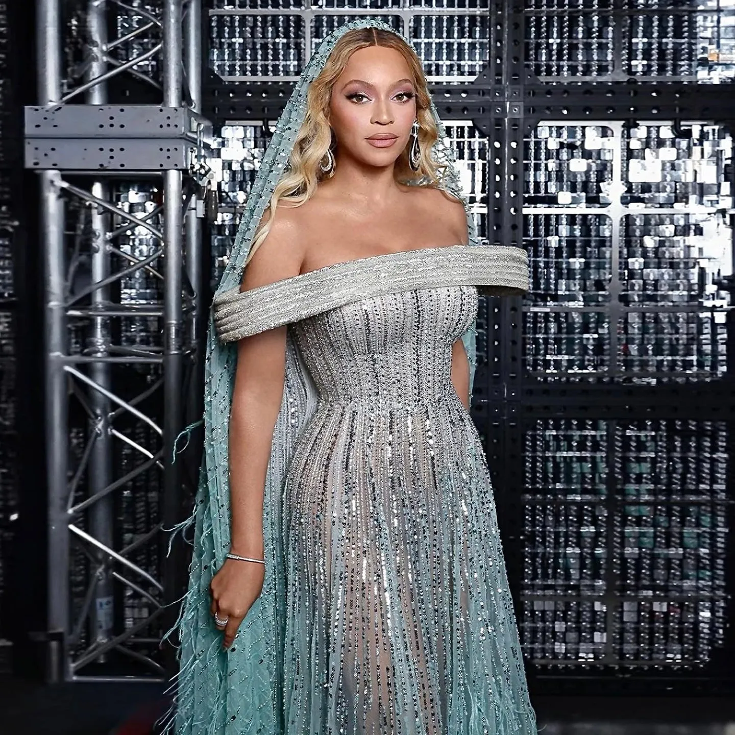 Luxury Feathers Aqua Off Shoulder Evening Dress SS435