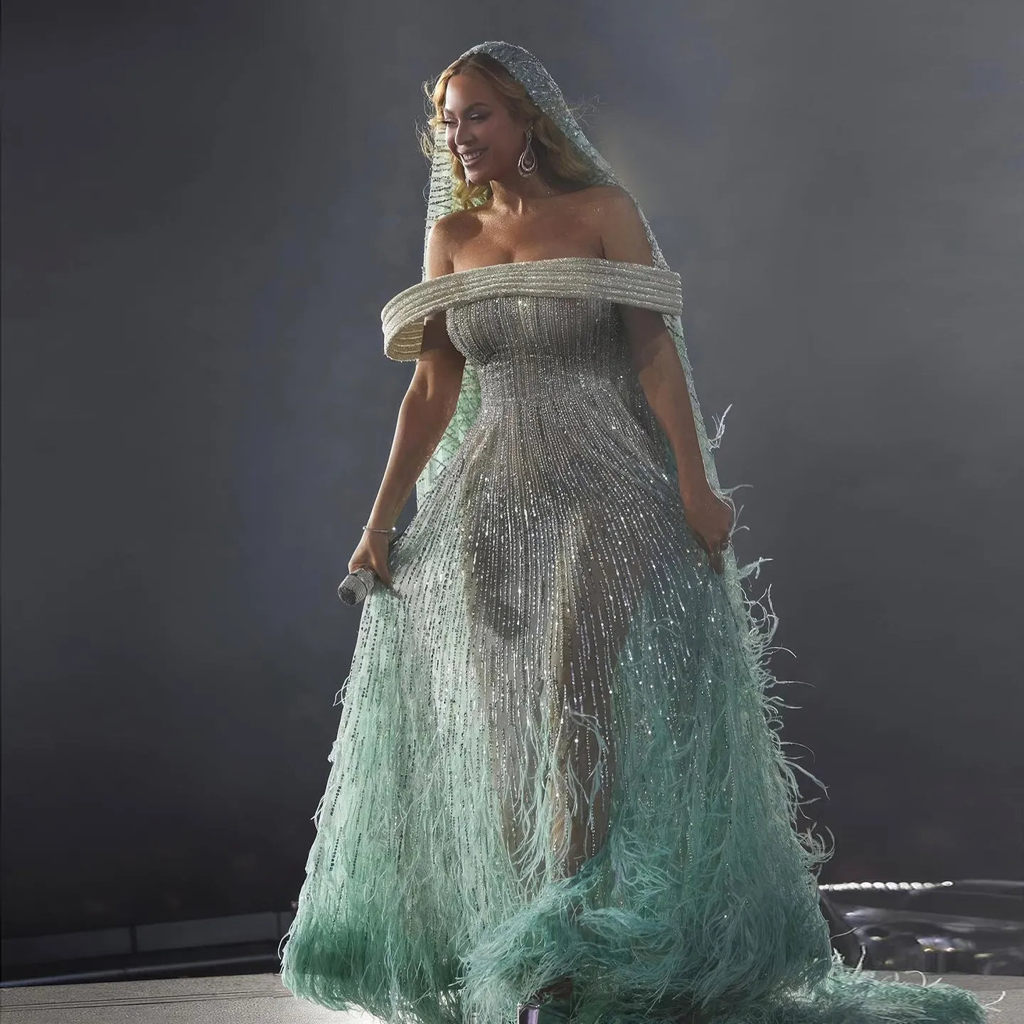 Luxury Feathers Aqua Off Shoulder Evening Dress SS435