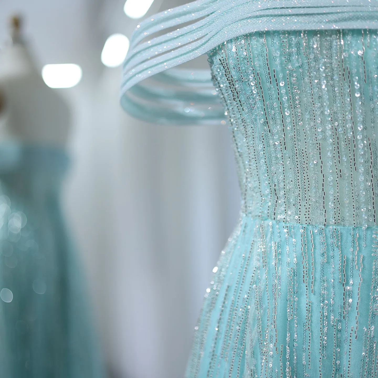 Luxury Feathers Aqua Off Shoulder Evening Dress SS435