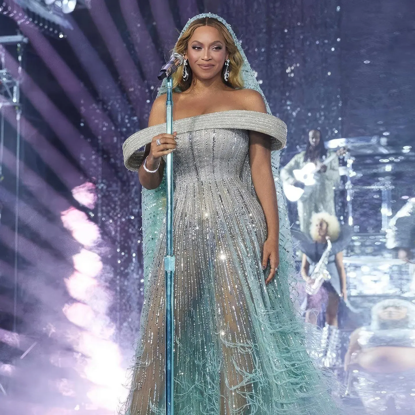 Luxury Feathers Aqua Off Shoulder Evening Dress SS435