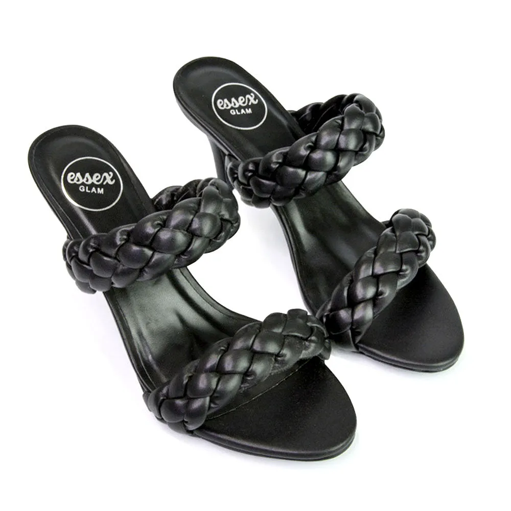 Marsha Square Toe Woven Strap Sandals Mid High Heel Mules in White