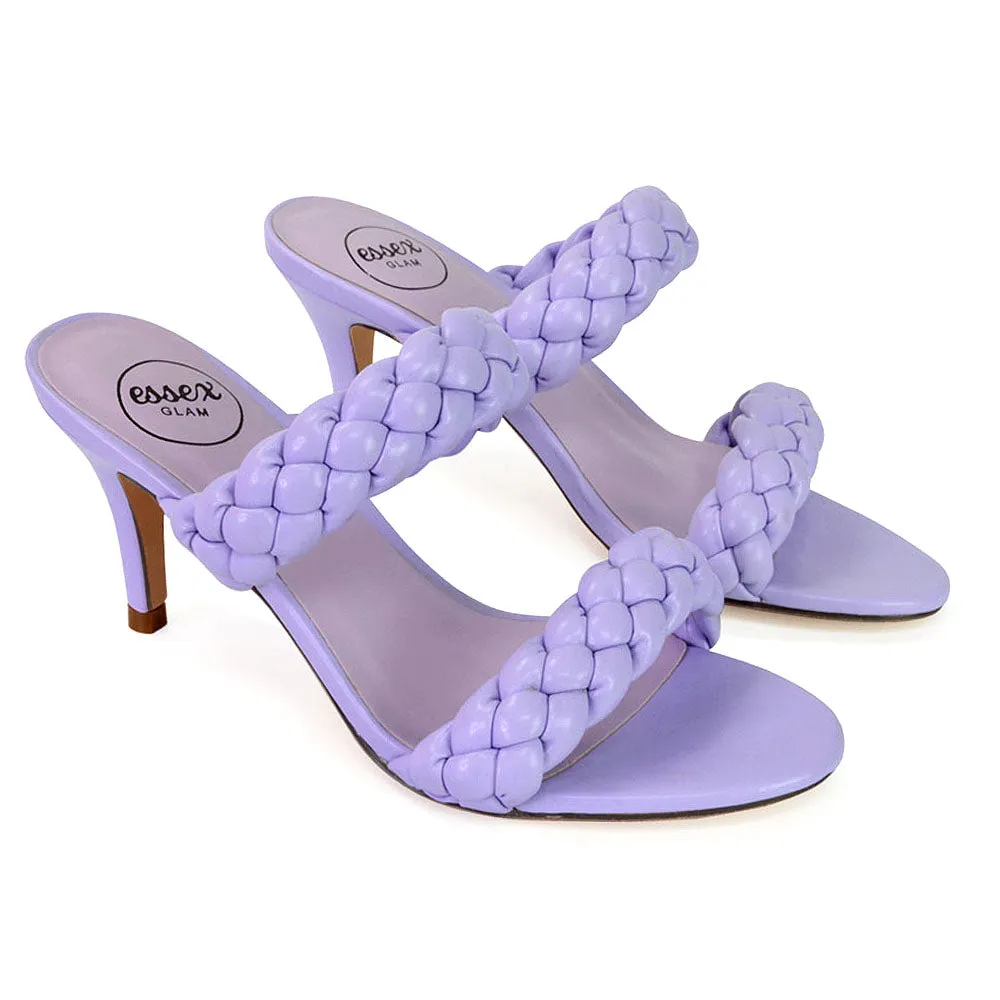 Marsha Square Toe Woven Strap Sandals Mid High Heel Mules in White