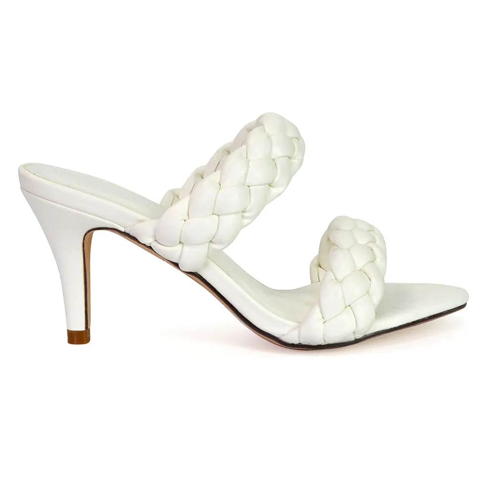 Marsha Square Toe Woven Strap Sandals Mid High Heel Mules in White