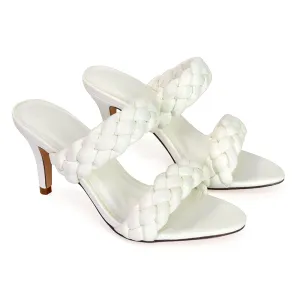 Marsha Square Toe Woven Strap Sandals Mid High Heel Mules in White