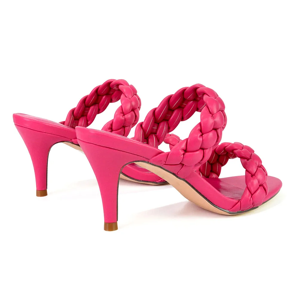 Marsha Square Toe Woven Strap Sandals Mid High Heel Mules in White