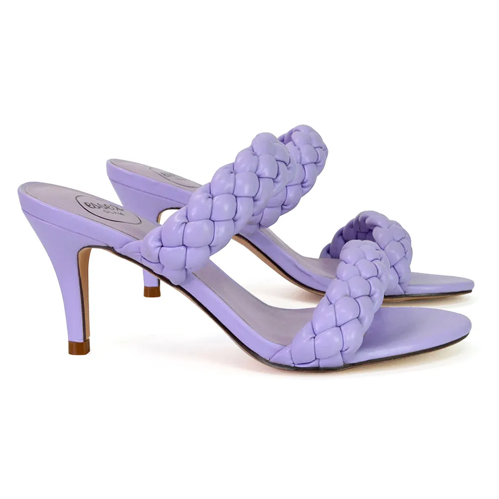 Marsha Square Toe Woven Strap Sandals Mid High Heel Mules in White