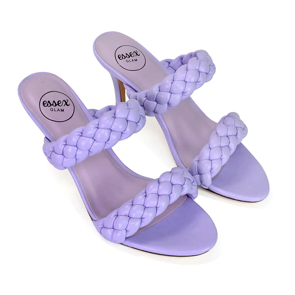 Marsha Square Toe Woven Strap Sandals Mid High Heel Mules in White