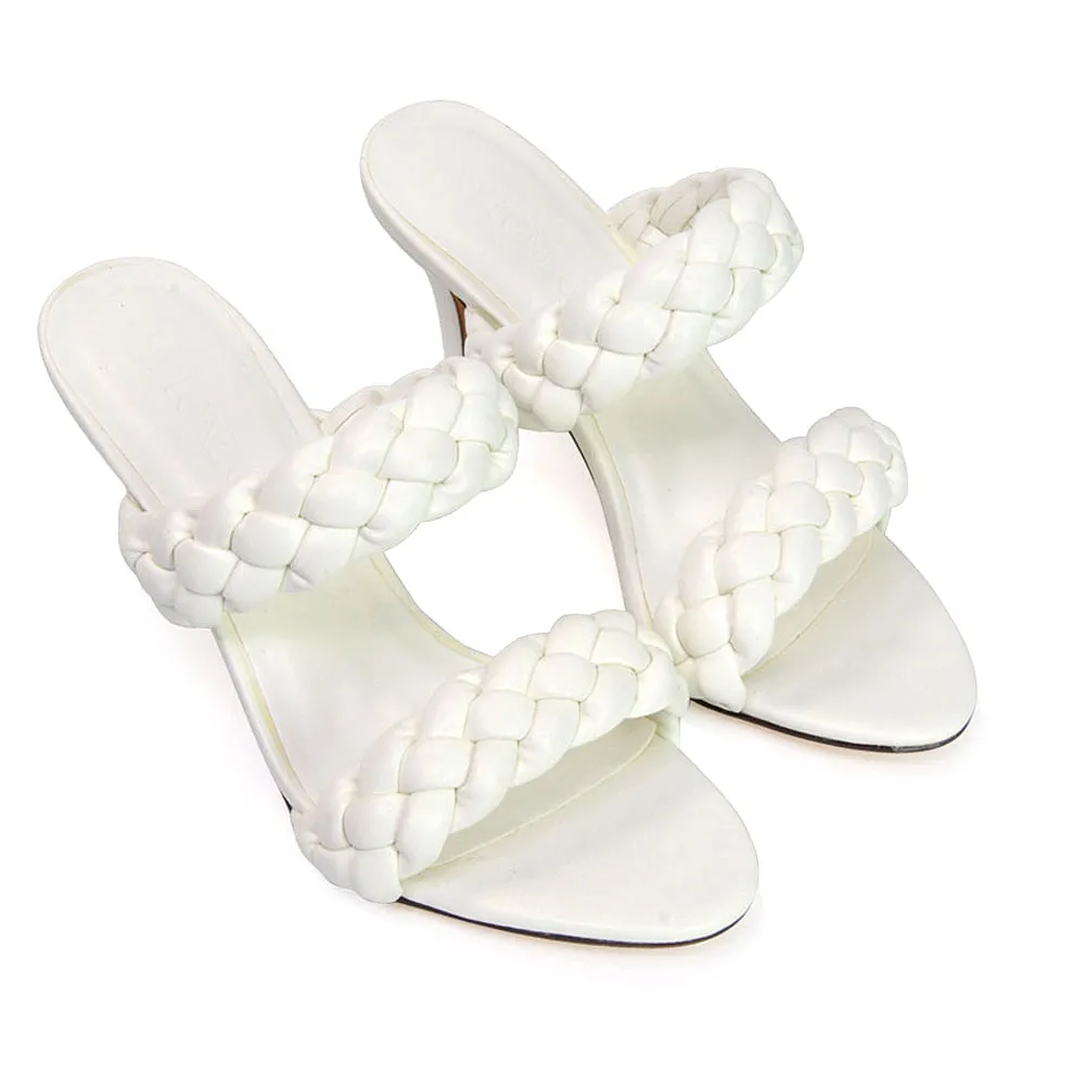 Marsha Square Toe Woven Strap Sandals Mid High Heel Mules in White