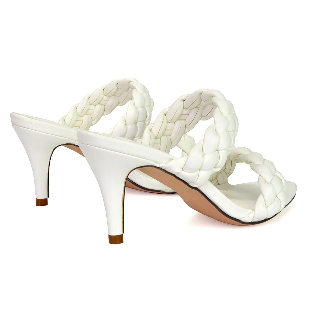 Marsha Square Toe Woven Strap Sandals Mid High Heel Mules in White