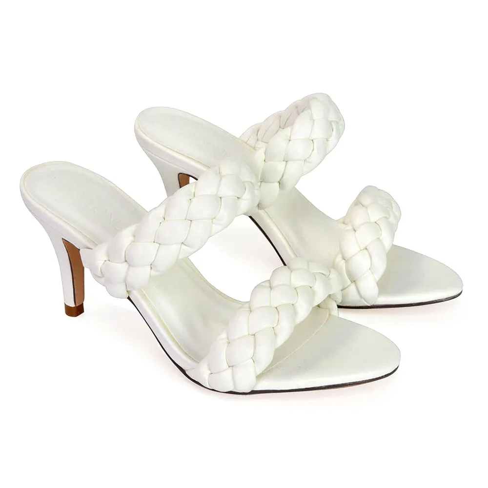 Marsha Square Toe Woven Strap Sandals Mid High Heel Mules in White