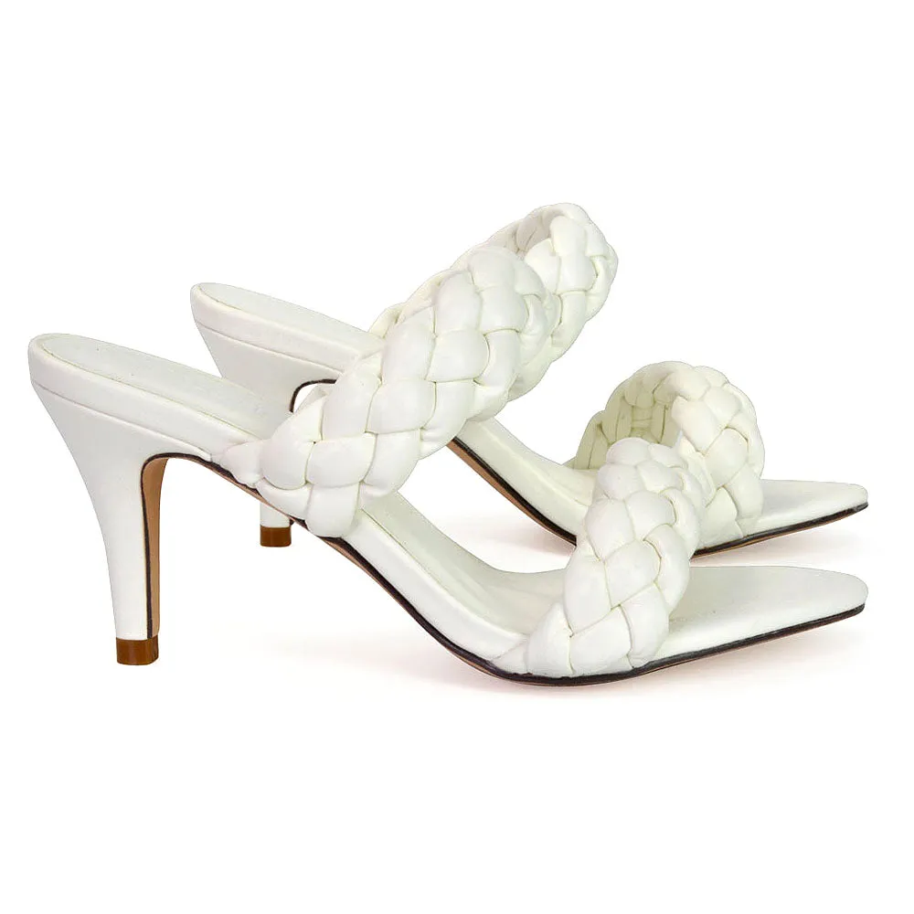 Marsha Square Toe Woven Strap Sandals Mid High Heel Mules in White