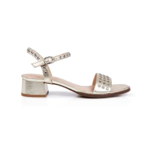 Michelle: Gold Leather Studded Low Block Heel Sandals