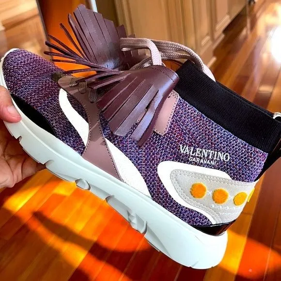 Miz Valentino Garavani Purple Pink Moccasin Fringe Knit Training Sneaker