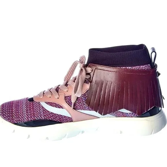 Miz Valentino Garavani Purple Pink Moccasin Fringe Knit Training Sneaker