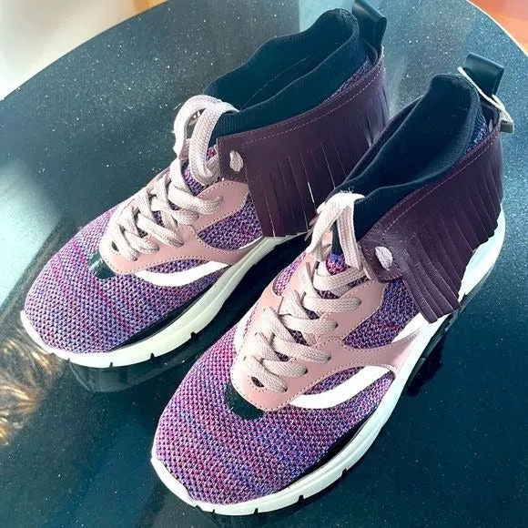 Miz Valentino Garavani Purple Pink Moccasin Fringe Knit Training Sneaker