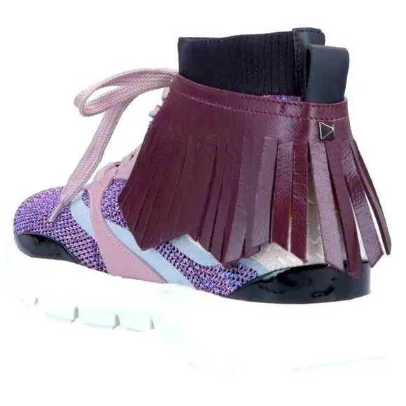 Miz Valentino Garavani Purple Pink Moccasin Fringe Knit Training Sneaker