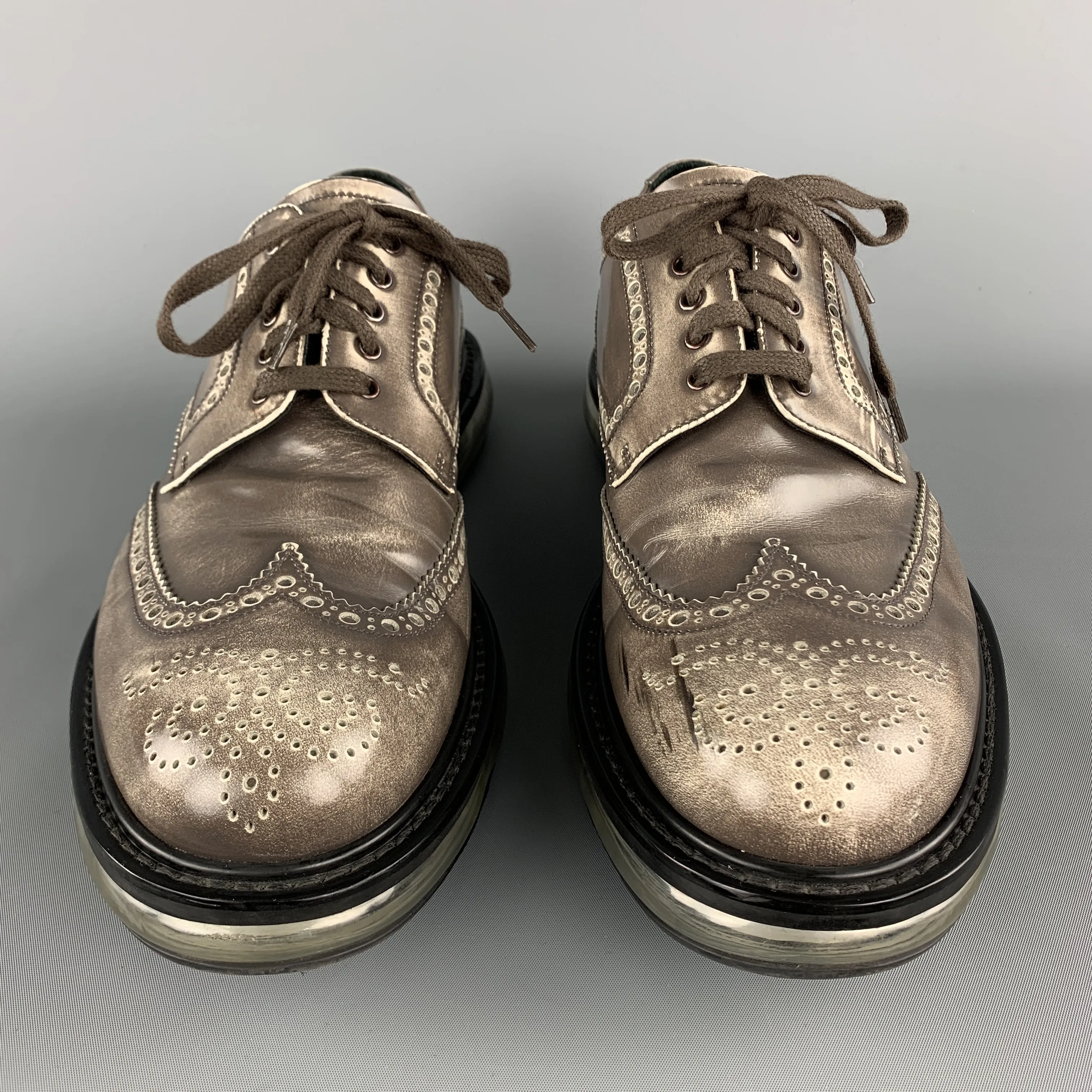 Prada Levitate Size 10.5 EE Taupe Antique Leather Wingtip Lace Up Shoes